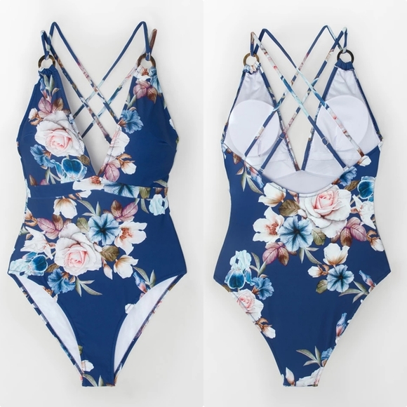 🧡5⭐Blue Floral Strappy Monokini - Picture 3 of 5